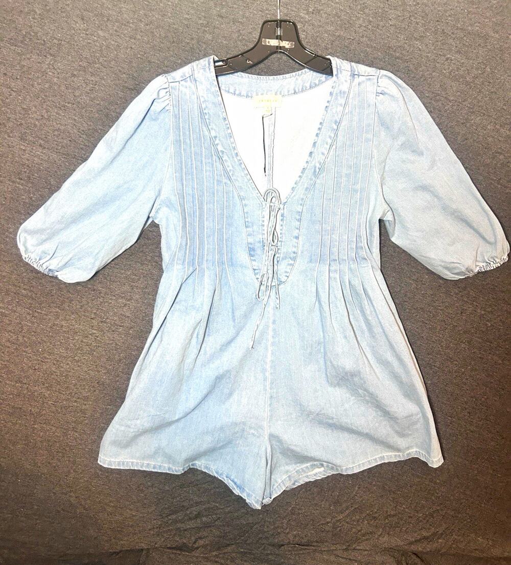 Promesa Blue Denim V-Neck Tie-Front Romper 3/4 Puff Sleeve Pockets S